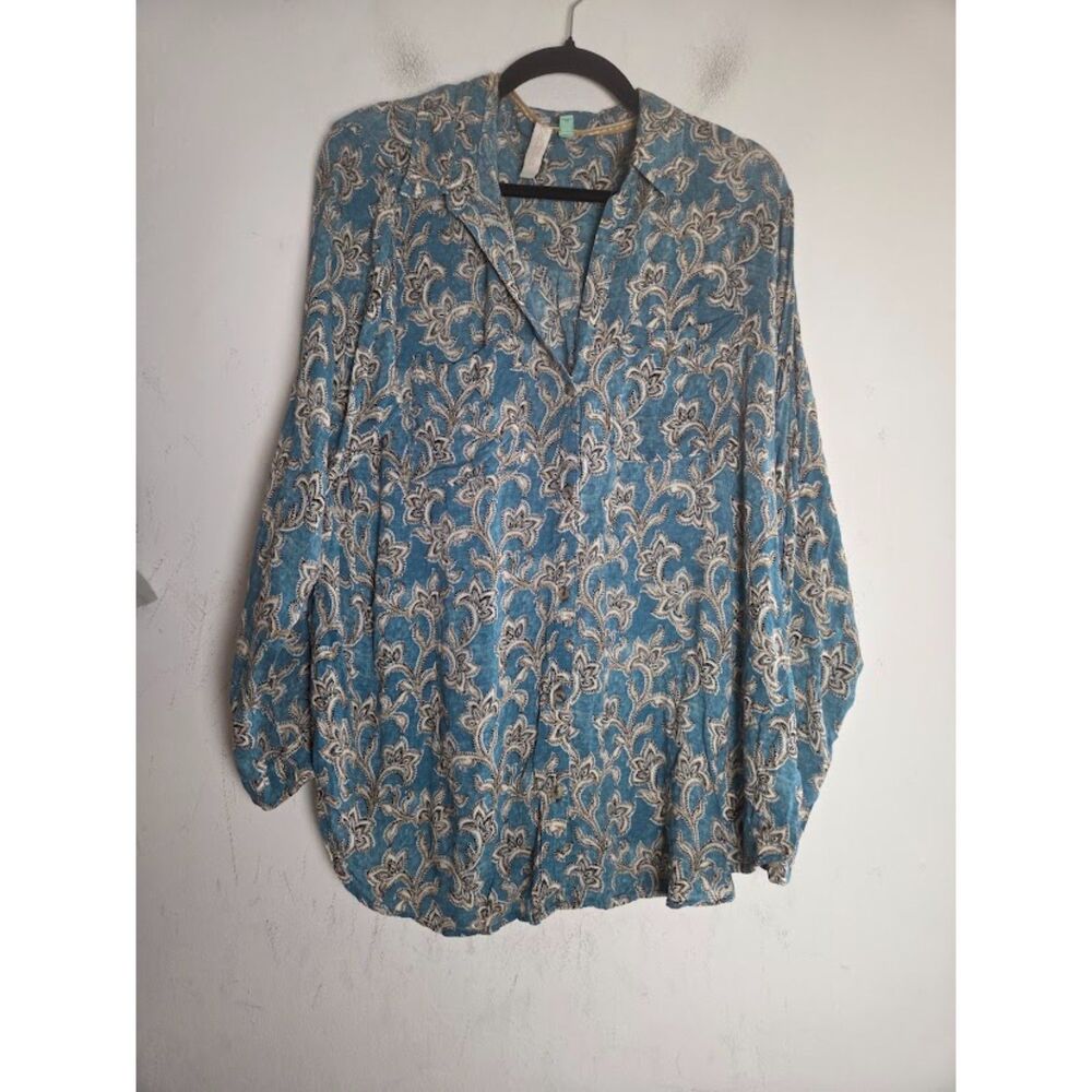 Pilcro Anthropologie "Lelani" Blue & Cream FloralPasley Button Down Blouse sz 1X - Picture 2 of 9